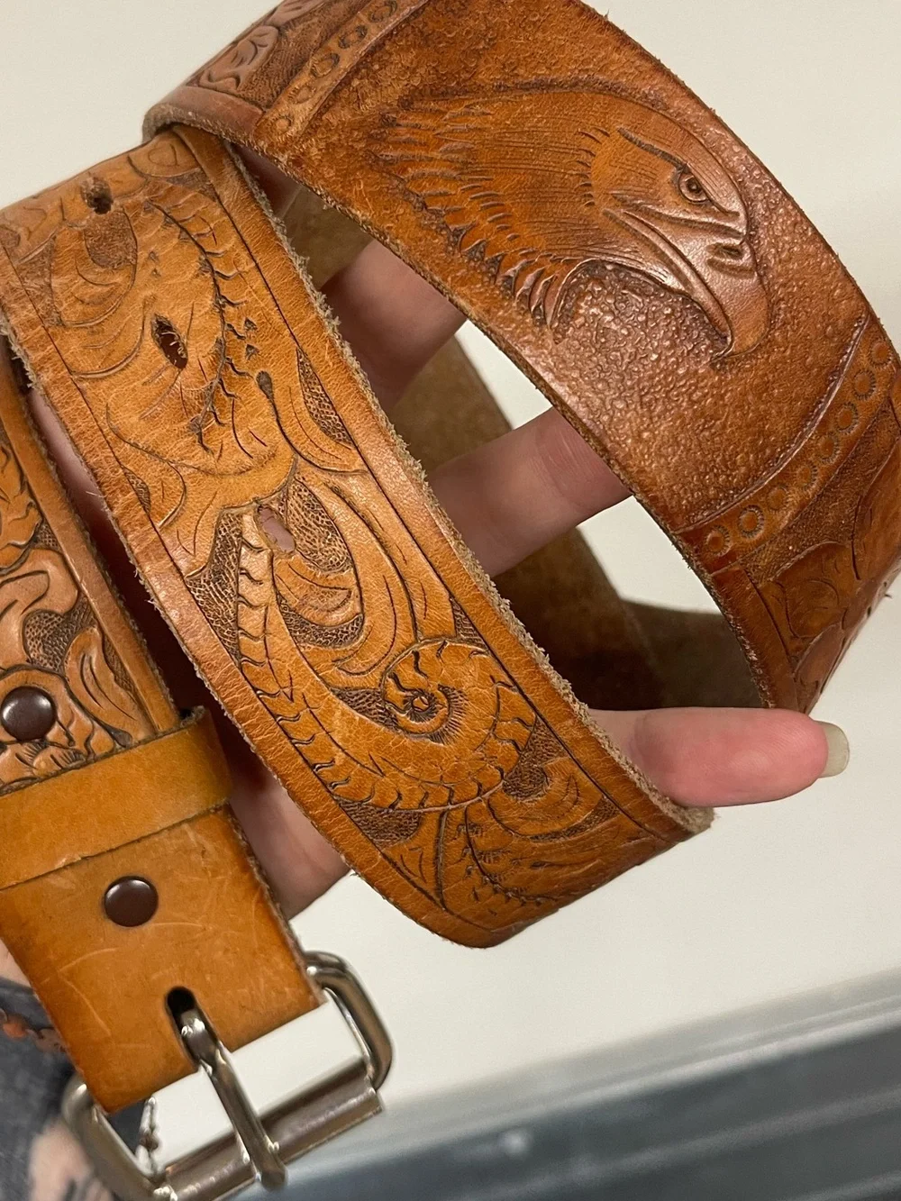 Vintage Tooled Leather Eagle Belt Brown Floral Western Cowboy Unisex Made in USA